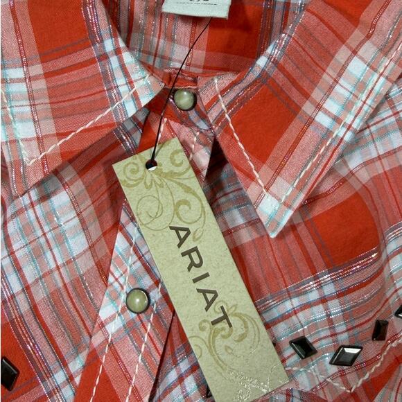 NWT Ariat Women Large Peach Plaid Studded Long Sleeve Cowgirl Western Shirt - Picture 5 of 10